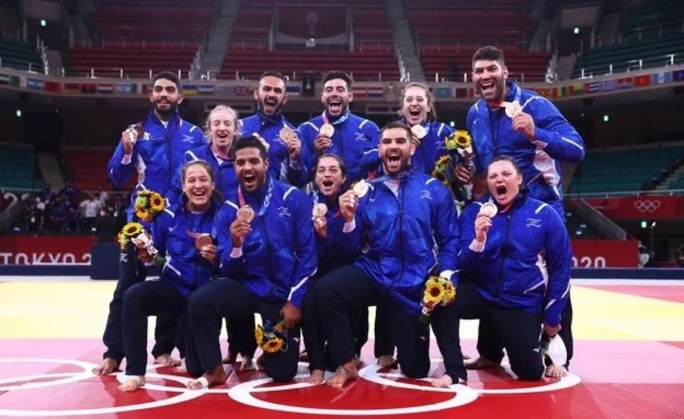 Inbar Lanir on the top step of the podium at the 2023 World Judo Championships in Doha, Qatar.